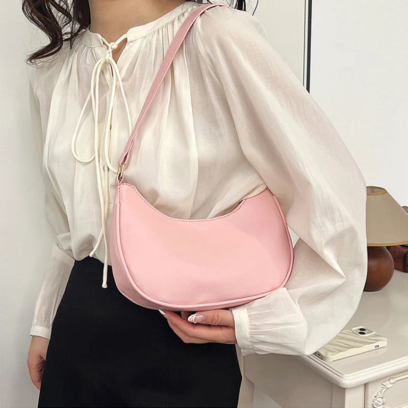 Womens Fashion Handbags Retro Solid Color Pu Leather Bag Half Simple Color Underarm Shoulder Bag Moon Casual Purse