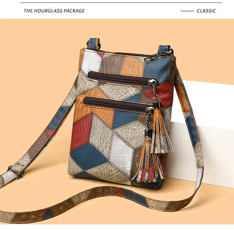 Retro PU Soft Leather Multi Pocket Handbag Shoulder Bag with Color Blocking Plaid Tassel Cross Bags, Mobile Phone Messenger Bag