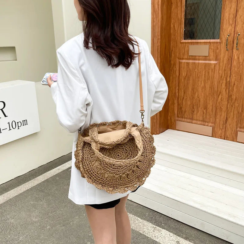 Bohemian Straw Bags for Women Circle Beach Handbags Summer Rattan Shoulder Bags Handmade Knitted Travel Big Totes Bag New