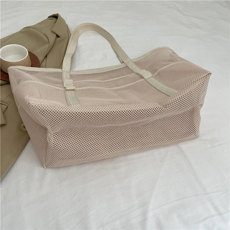 Portable Mesh Beach Bag For Women Makeup Travel Storage Wash Bag Summer Travel Swimming Bath Bag Organizer Shopper Totes