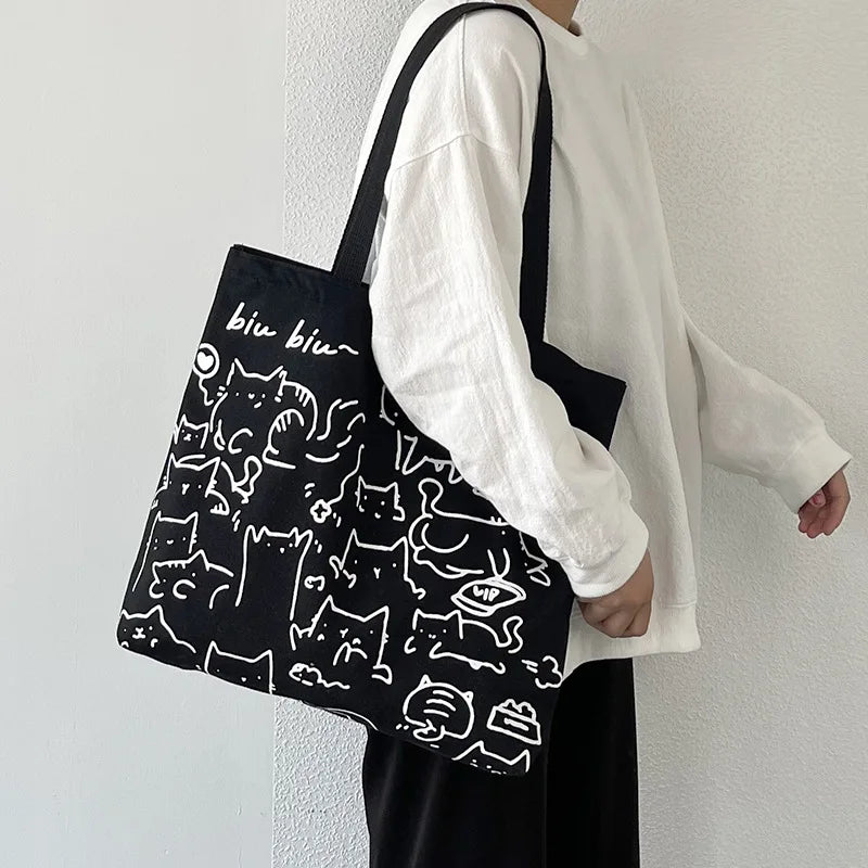 Art Design Cute Animals Printed Handbag Shoulder Bag, Literary Retro Canvas Tote Bags for Women Daily Use Work, Shopping School