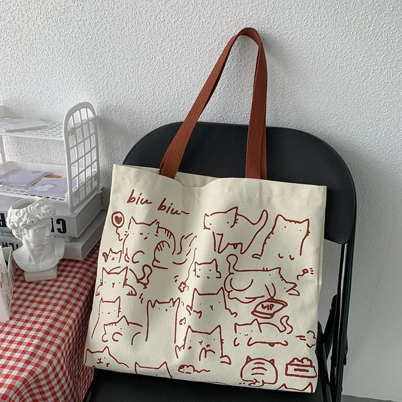 Art Design Cute Animals Printed Handbag Shoulder Bag, Literary Retro Canvas Tote Bags for Women Daily Use Work, Shopping School