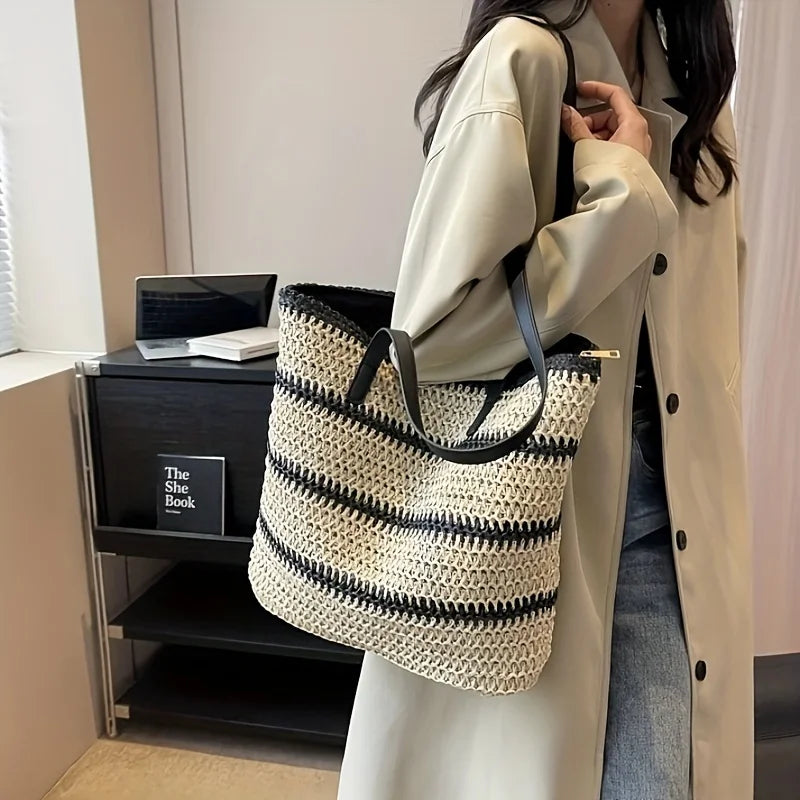 Large Boho Chic Striped Woven Tote Bag, Spacious Shoulder Beach & Shopping Bag for Women with Black and White Design, Beach Bag