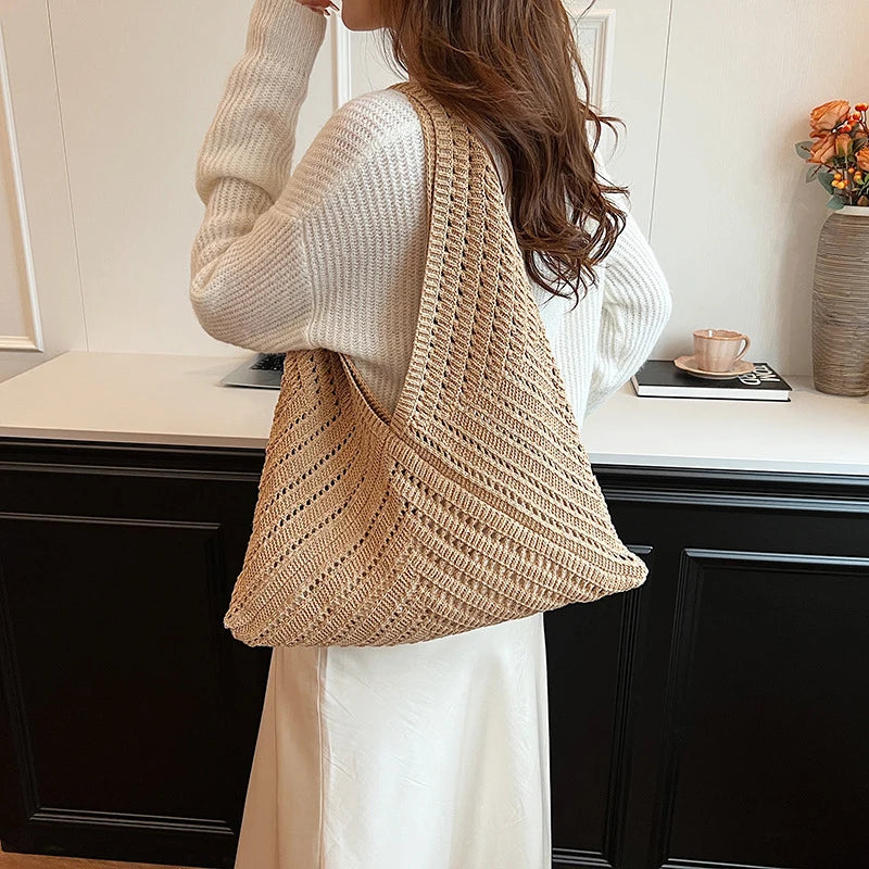 Brand Women Tote Knitting Handbag Triangle Design Woven Beach Bag Lightweight Elegant Portable Shoulder Bag Purse