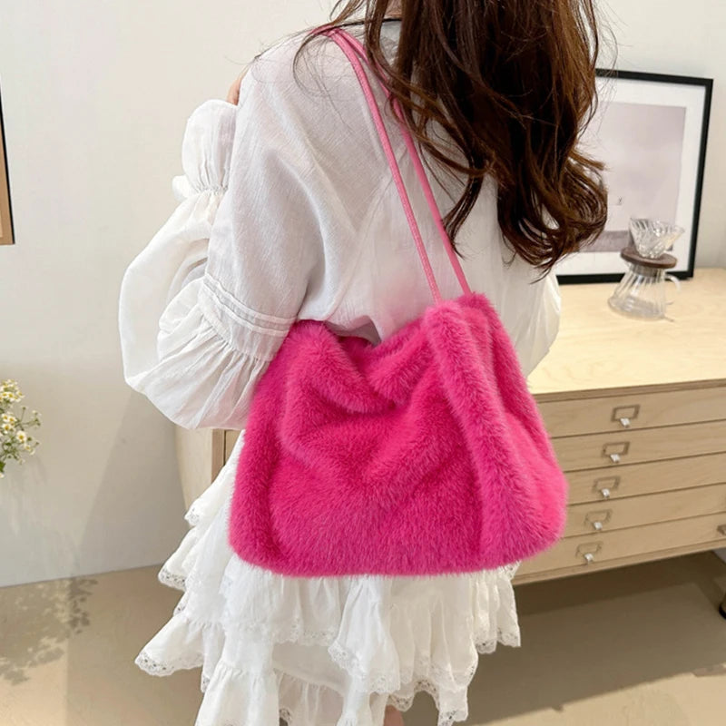 Women Fluffy Shoulder Bag Top-handle Bag New Fashion Female Autumn Winter Handbag Soft Plush Versatile Shopping Tote