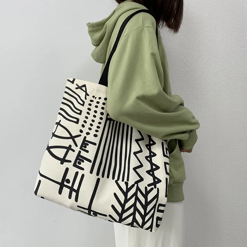 Teen Youth Pattern Canvas Bag, Large Capacity Female Single Handbag Shoulder Bag, Student Literary Artistic Simple Shopping Bag