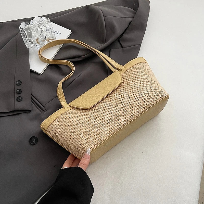 Fashion Women Shoulder Bag PU Woven Patchwork Stick Bag Large Capacity Tote Bag New Casual Woven Contrasting Color Handbag