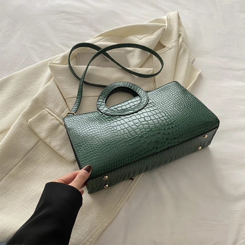 Women's Crocodile Pattern PU Leather Handbags Green Square Bag Fashion Brand Shoulder Messenger Bags Female Clutches