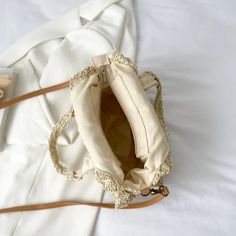 Bohemian Straw Bags for Women Circle Beach Handbags Summer Rattan Shoulder Bags Handmade Knitted Travel Big Totes Bag New