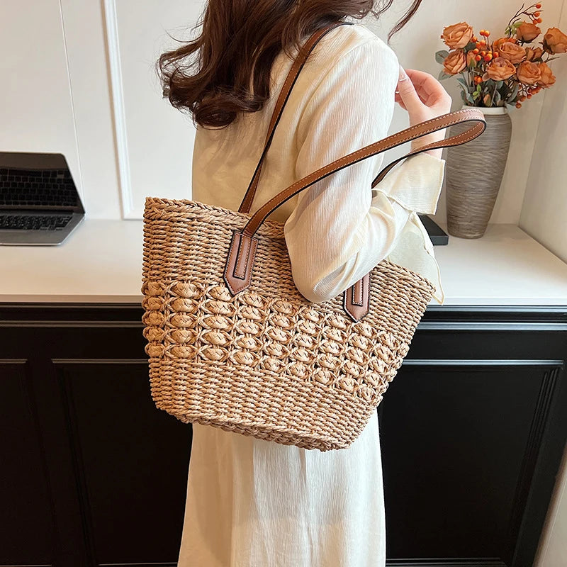 Summer Straw Bags for Women Straw Shoulder Bags Rattan Woven Top Handle Bag Hollow Raffia Crochet Beach Bag Casual Handbags