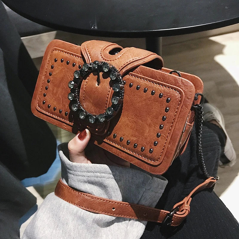 Vintage Round Rhinestone Buckle Shoulder Bag,Fashion Punk Design Top-handle Crossbody Bag, Popular Rivets Decor Purse For Women