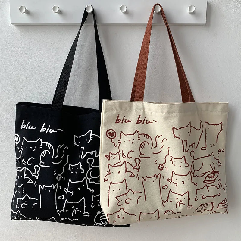 Art Design Cute Animals Printed Handbag Shoulder Bag, Literary Retro Canvas Tote Bags for Women Daily Use Work, Shopping School