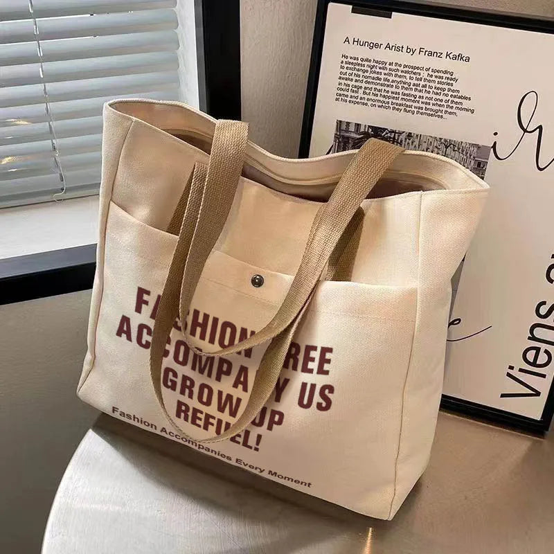Letter Print Shopping Canvas Bag Large Capacity Casual Lightweight Handbag Women Shoulder Bag, Back To School Campus Schoolbag