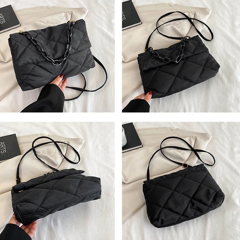 Fashion Chain Crossbody Bags Women Winter Cotton Padded Quilted Shoulder Bags Casual Large Capacity Simple Female Handbags