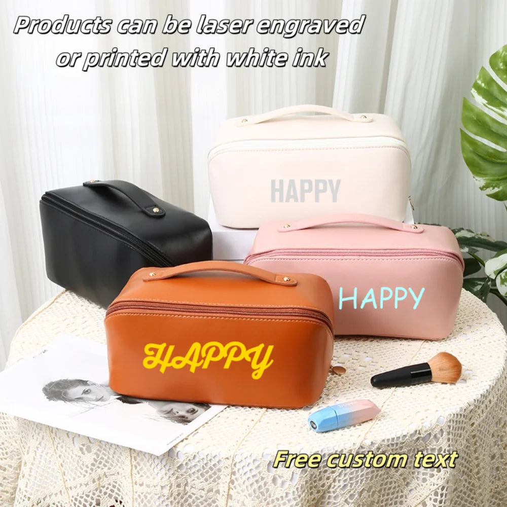 Customized Personalized Leather Square Cosmetic Bag Beauty Skin Care Large Capacity High Quality Portable Handheld Cosmetic Case