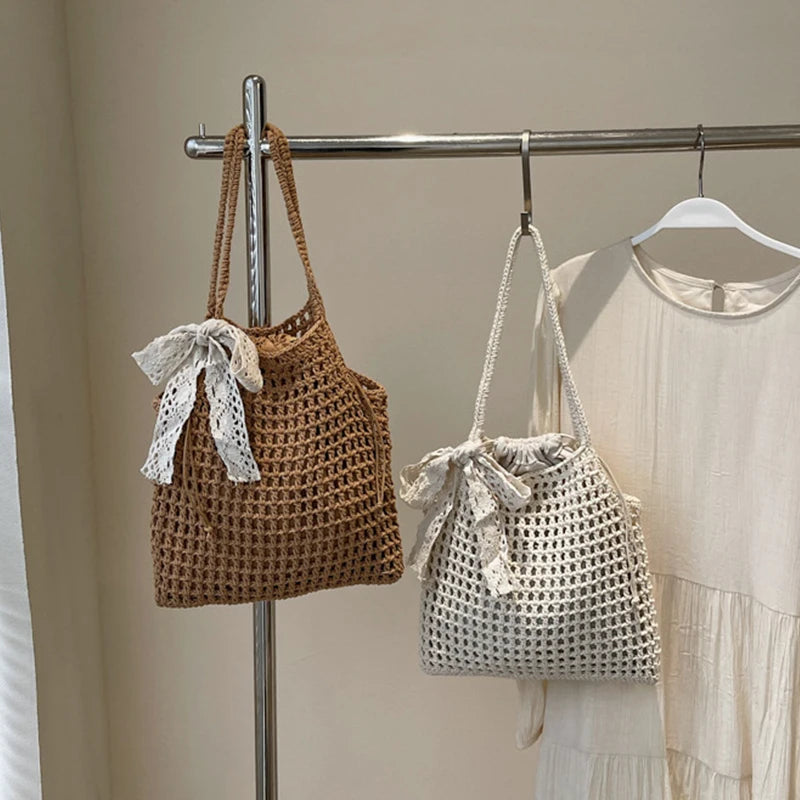 Summer Hollow Woven Shoulder Bags Women's New Casual Beach Bag Versatile Lace Design Commuting Shoulder Tote Bag