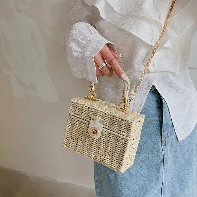 Summer Box Small Purse and Handbags For Women Rattan Straw Woven Crossbody Shoulder Bags Female Fashion Chain Travel Beach Bags