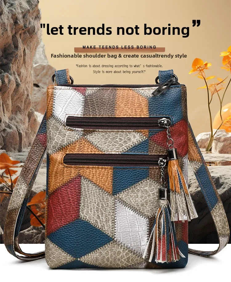 Retro PU Soft Leather Multi Pocket Handbag Shoulder Bag with Color Blocking Plaid Tassel Cross Bags, Mobile Phone Messenger Bag
