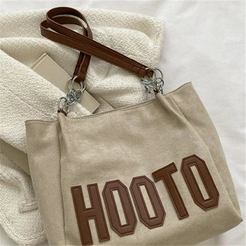 Stylish Tote Bag, Nubuck Pu Letter HOOTO Design for Women Handbag Shoulder Bag, Large Capacity Nylon leisure Travel Shopping Bag