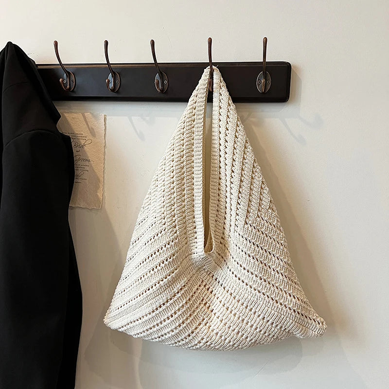 Brand Women Tote Knitting Handbag Triangle Design Woven Beach Bag Lightweight Elegant Portable Shoulder Bag Purse