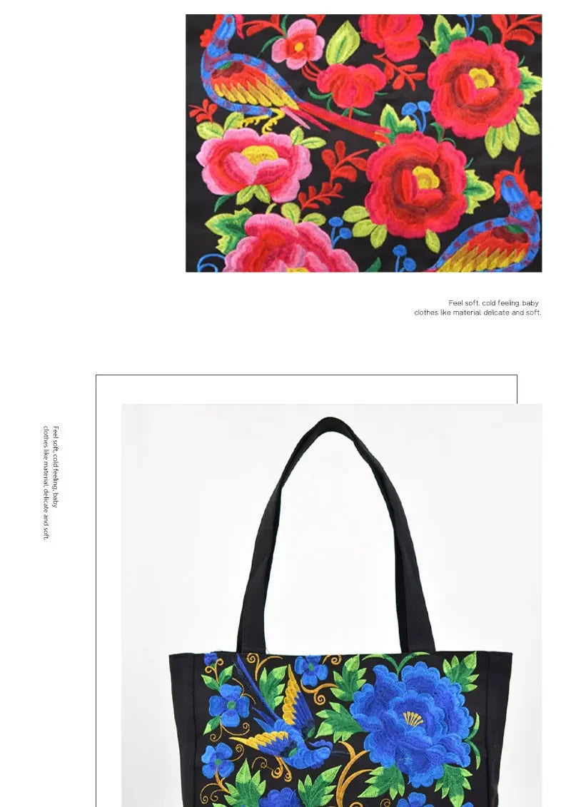 Ethnic Style Embroidery Shoulder Bag Large Capacity Literary Canvas Bag Retro Peony Tote Shopping Bag
