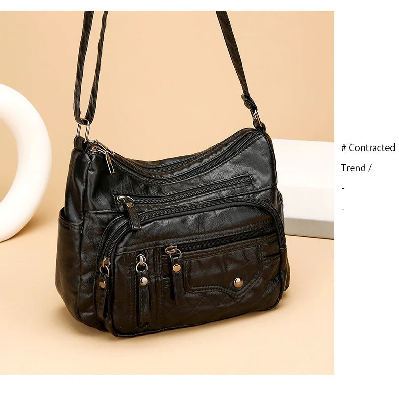 Fashionable Four Seasons Soft Leather Multi Pocket Cross Bags, Multi Layer Zipper Pouch Single Shoulder Bag for Women Daily Use