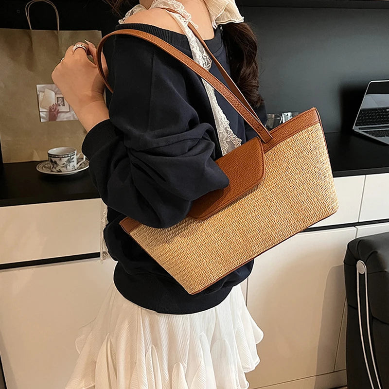 Fashion Women Shoulder Bag PU Woven Patchwork Stick Bag Large Capacity Tote Bag New Casual Woven Contrasting Color Handbag