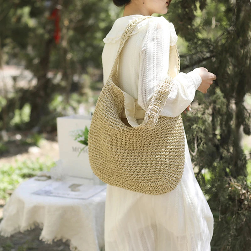 Women Large Capacity Shoulder Bags Handmade Straw Woven Fashion Travel Shopper Totes Ladies Bohemis Designer Casual Handbags