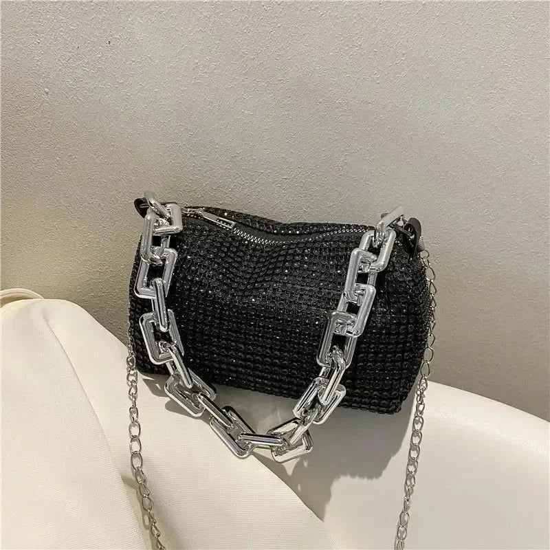 Full Version Rhinestone Bucket Tote Bag, Stylish Sparkling Chain Ball Pillow Shoulder Bag, Women's Mini Hand-Held Crossbody Bag