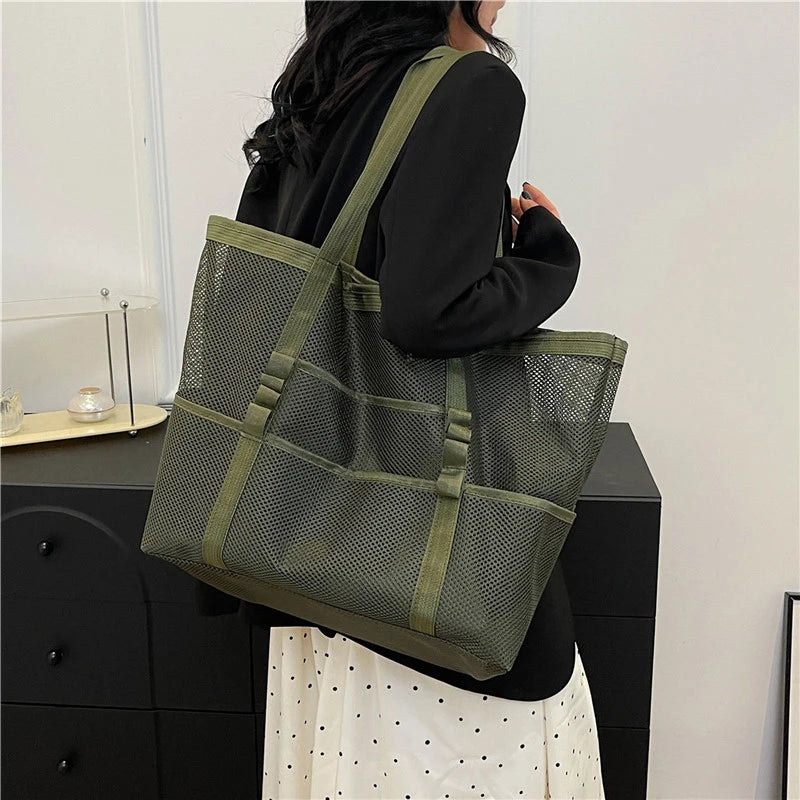 Portable Mesh Beach Bag For Women Makeup Travel Storage Wash Bag Summer Travel Swimming Bath Bag Organizer Shopper Totes