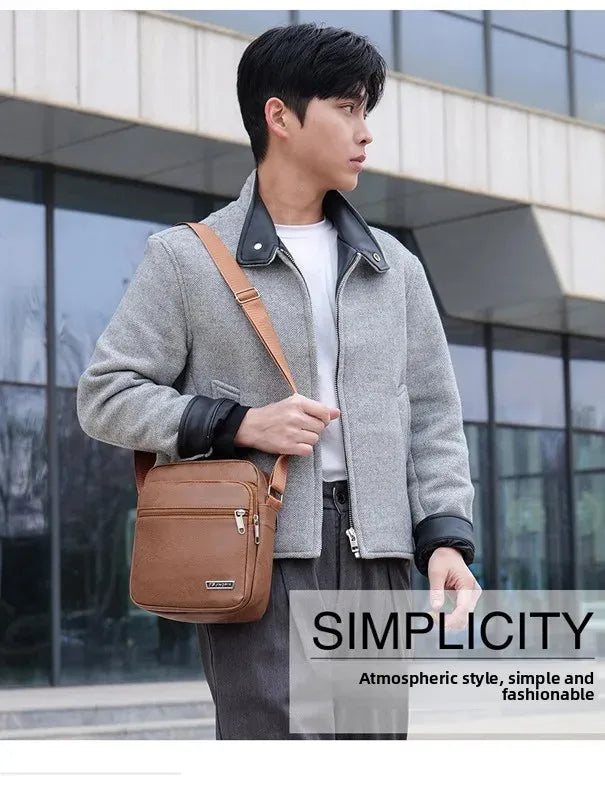 Men's Bag, PU Leather Single Shoulder Bag Multi Layer Zipper Large Capacity Crossbody Bag Daily Use Work Travel Business Commute