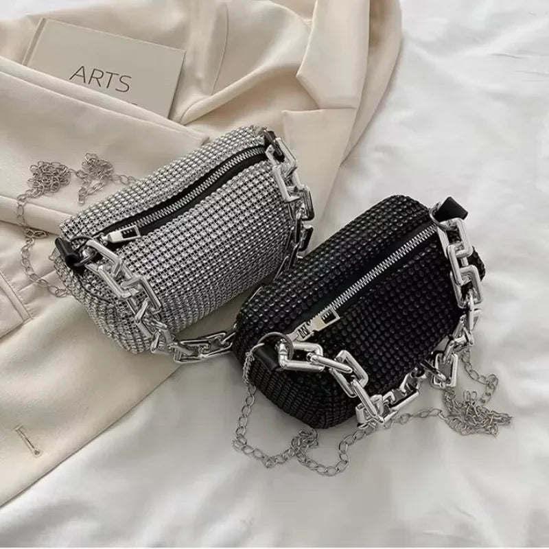 Full Version Rhinestone Bucket Tote Bag, Stylish Sparkling Chain Ball Pillow Shoulder Bag, Women's Mini Hand-Held Crossbody Bag