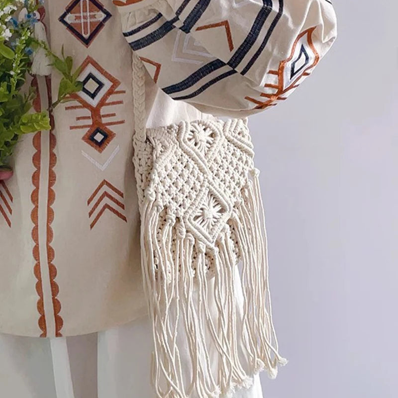 New Casual Handmade Crochet Braid Fringed Bag Women Tassel Knitted Handbag Female Beach Bohemian Shoulder Messenger Bag