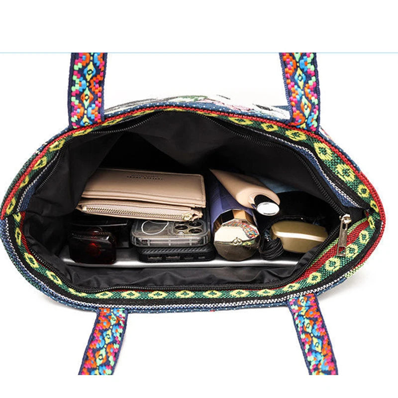 New Ethnic Style Shoulder Bag Office Handbag Student Canvas Embroidery Elephant  Casual Travel Storage Tote Bag For Women