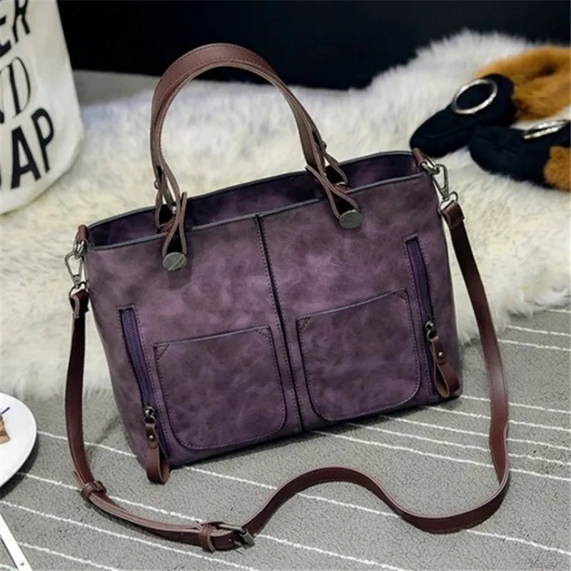 Retro Leather Handbag Shoulder Bag for Women with Double Pocket, Large Capacity, Vintage Lady's Tote Bag, Simple Crossbody Bags