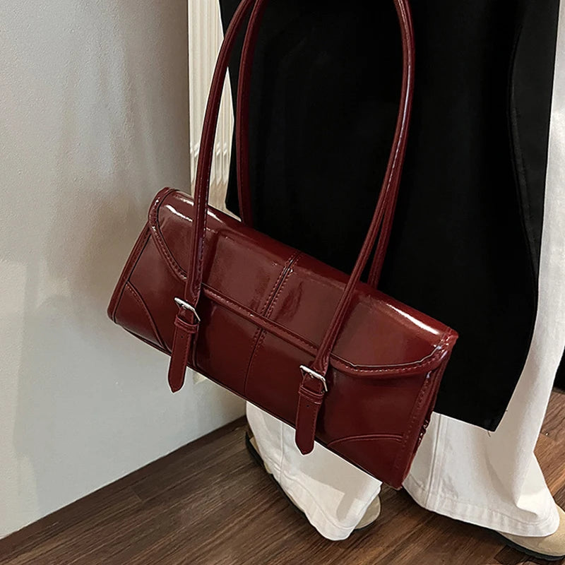 High End Burgundy Oil Wax PU Leather Underarm Bag Elegant Women's Magnetic Buckle Shoulder Bag Commuter Versatile Ladies Tote Ba