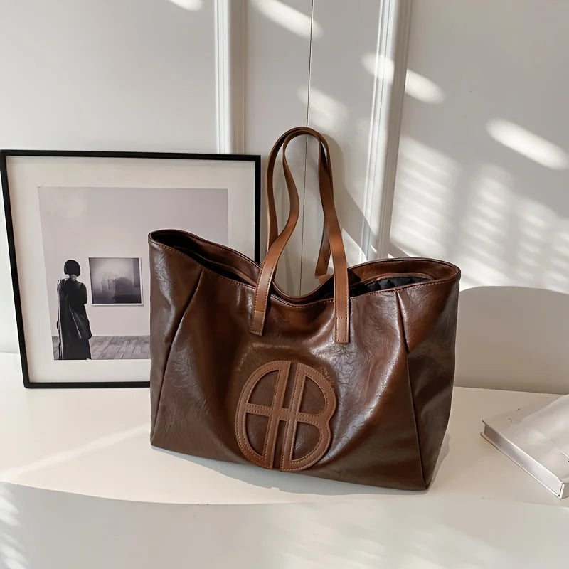 Chic Large Capacity Women's Tote Bag - Casual Vintage Soft Faux Leather, Versatile Solid Color Shoulder Handbag with Zip Closure
