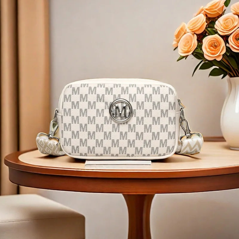 Retro M Pattern Design Female Crossbody Bag, Stylish Ladies Shoulder Bag, Wide Strap Phone Coin Purse for Women Work Party Date
