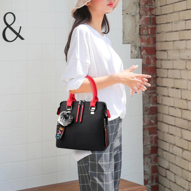 PU Leather Women's Crossbody Bag, Fur Ball Pendant Shoulder Bag, Solid Color Handbag