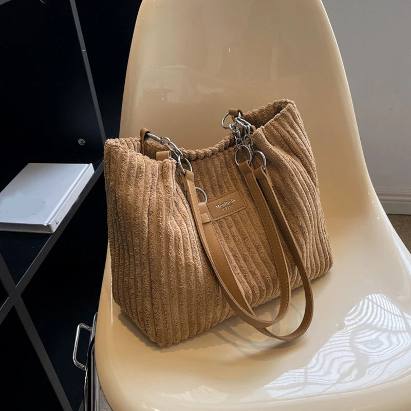Women Corduroy Shoulder Bag Solid Color Handbag Shoulder Strap Large Capacity Simple Multifunctional Design Casual Totes