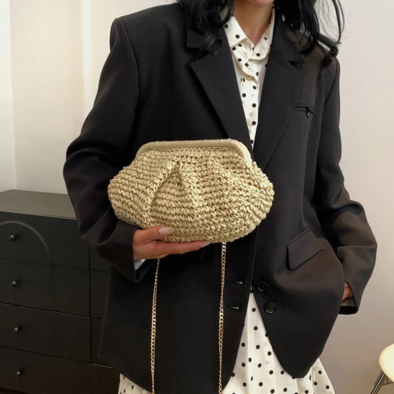 Straw Dumpling Clutch Bag Woven Straw Tote Clutch Purse For Women Summer Beach Bag Wicker Clutch Straw Purses For Women