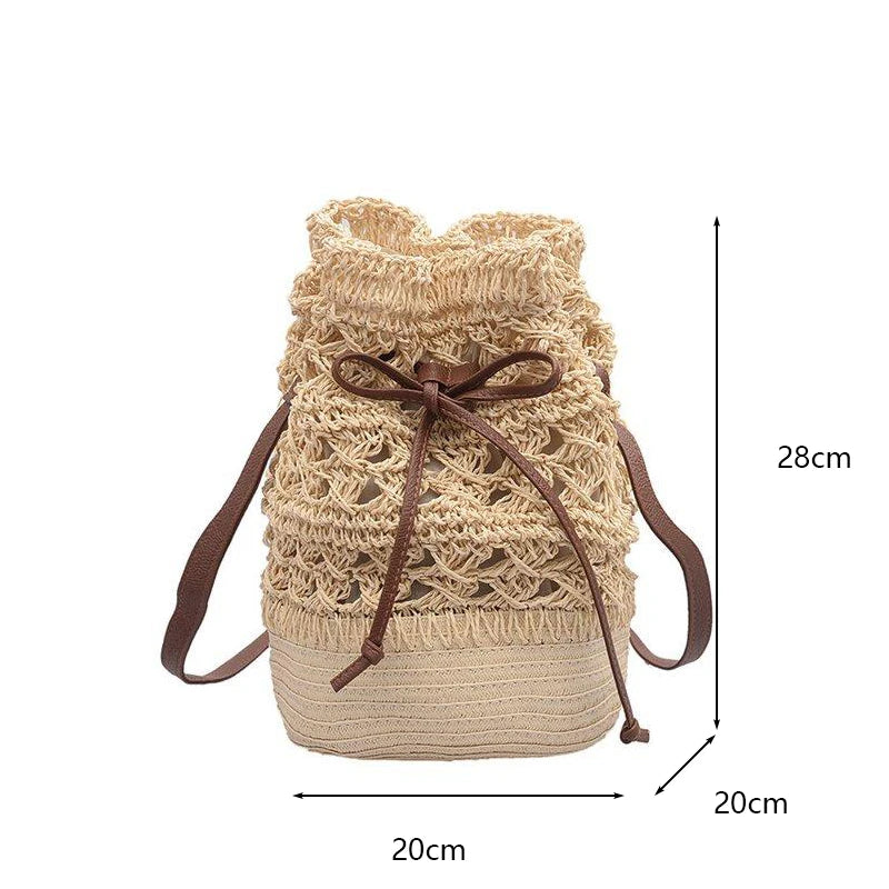 Handmade Women's Summer Straw Beach Shoulder Bag Woven Hollow Drawstring Shoulder Bags Knitted Fashion Female Design Travel Tote