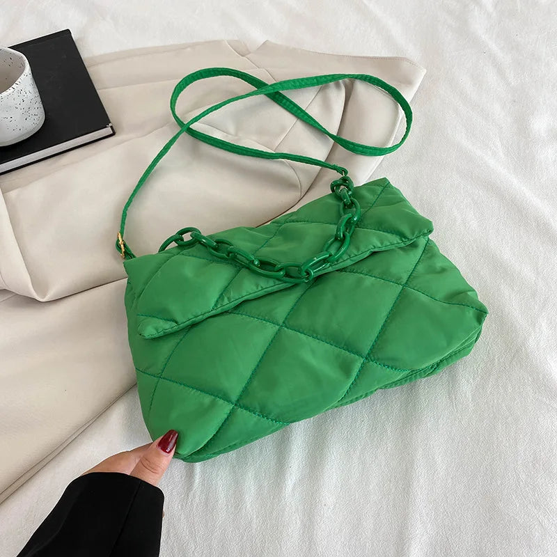 Fashion Chain Crossbody Bags Women Winter Cotton Padded Quilted Shoulder Bags Casual Large Capacity Simple Female Handbags