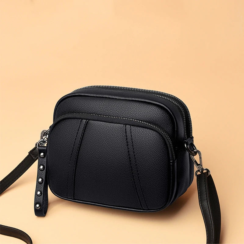 Solid Color Fashionable Rivet Zipper Women's Mobile Phone Bag Simple Soft PU Leather Shoulder Crossbody Small Square Handbag
