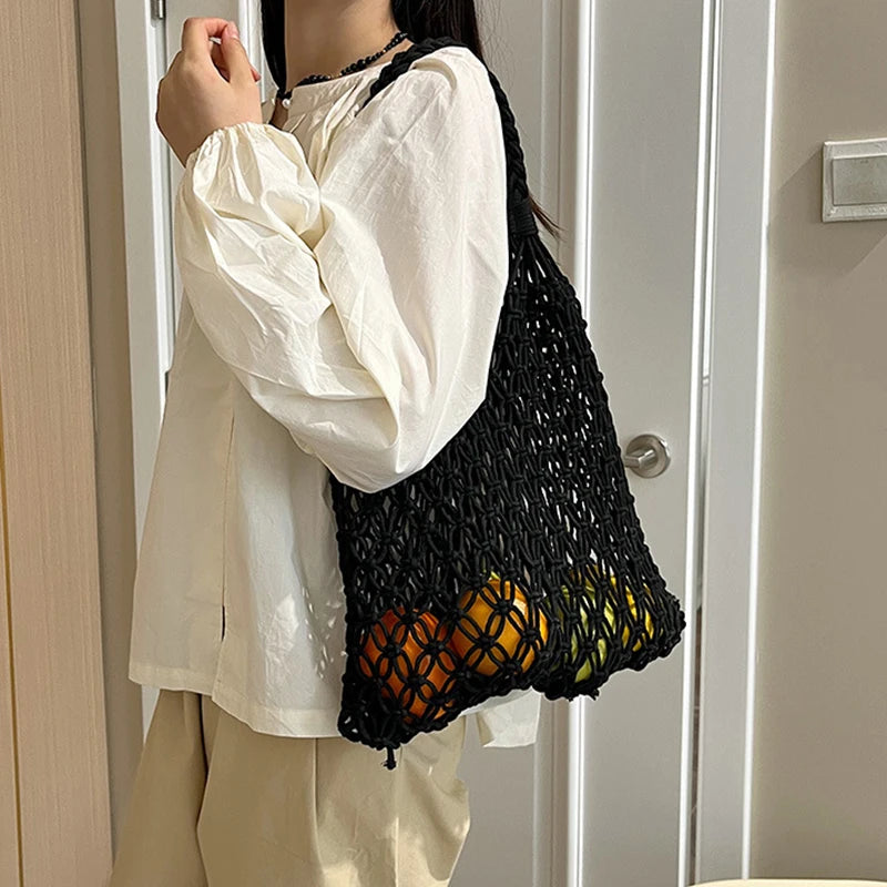 Women Bag Bucket Cotton Beach Bag Bag Casual Hollow Out Solid Soft High-Capacity Shoulder Bag Travel Handbag