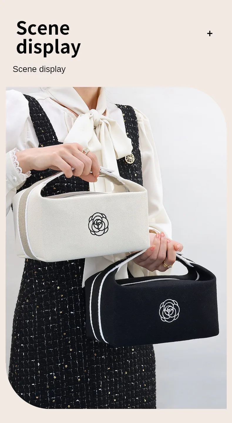Premium Handheld Portable Camellia Canvas Makeup Bag for Travel Large Capacity Toiletries Cosmetics Skincare Storage Bag