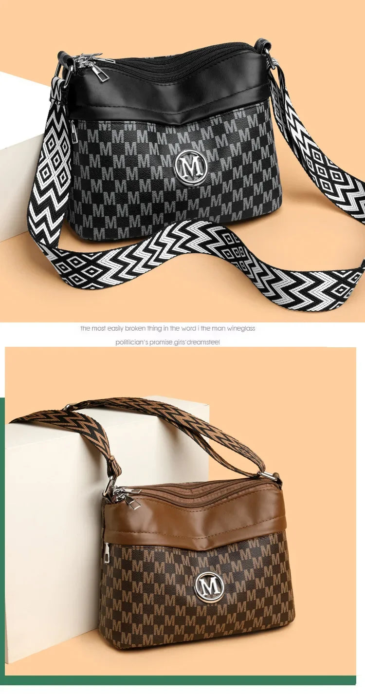 Classic Letter Patchwork Design Stylish Crossbody Bag Printed Three Layer Zipper Leather Shoulder Bag for Daily Use Work Outdoor