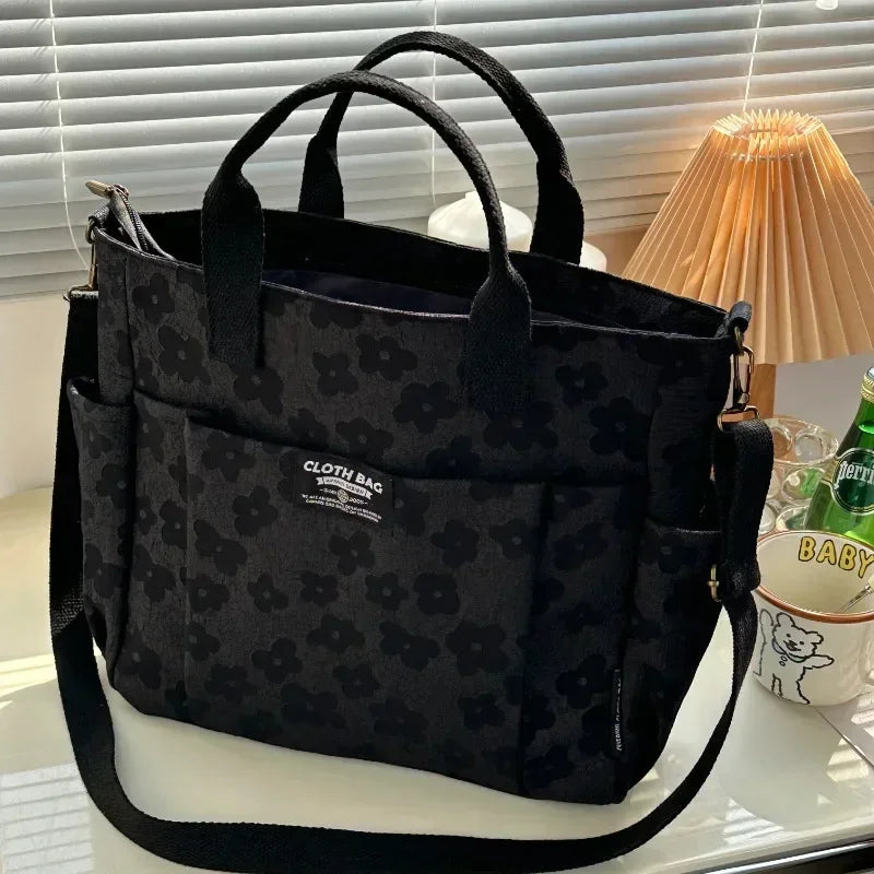 3D Floral Design Tote Bag, Thickened Zipper, Multifunctional Canvas Bag, Student Computer Handbag Shoulder Crossbody School Bag,