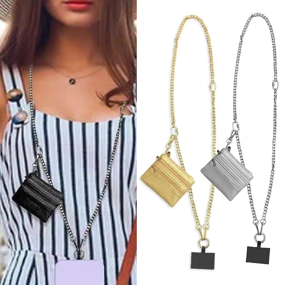 Metal Crossbody Phone Strap With Zippered Pocket Anti-Drop Phone Case Wallet Card Slot Shoulder Phone Lanyards Fashion Bag Chain