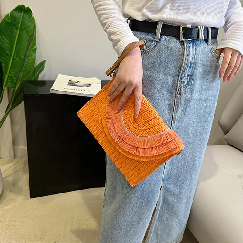 Raffia Straw Weaven Bags Fashion Ladies Wrist Clutches Summer Women Shoulder Crossbody Bags Handmade Handbags Purse Beach Bag